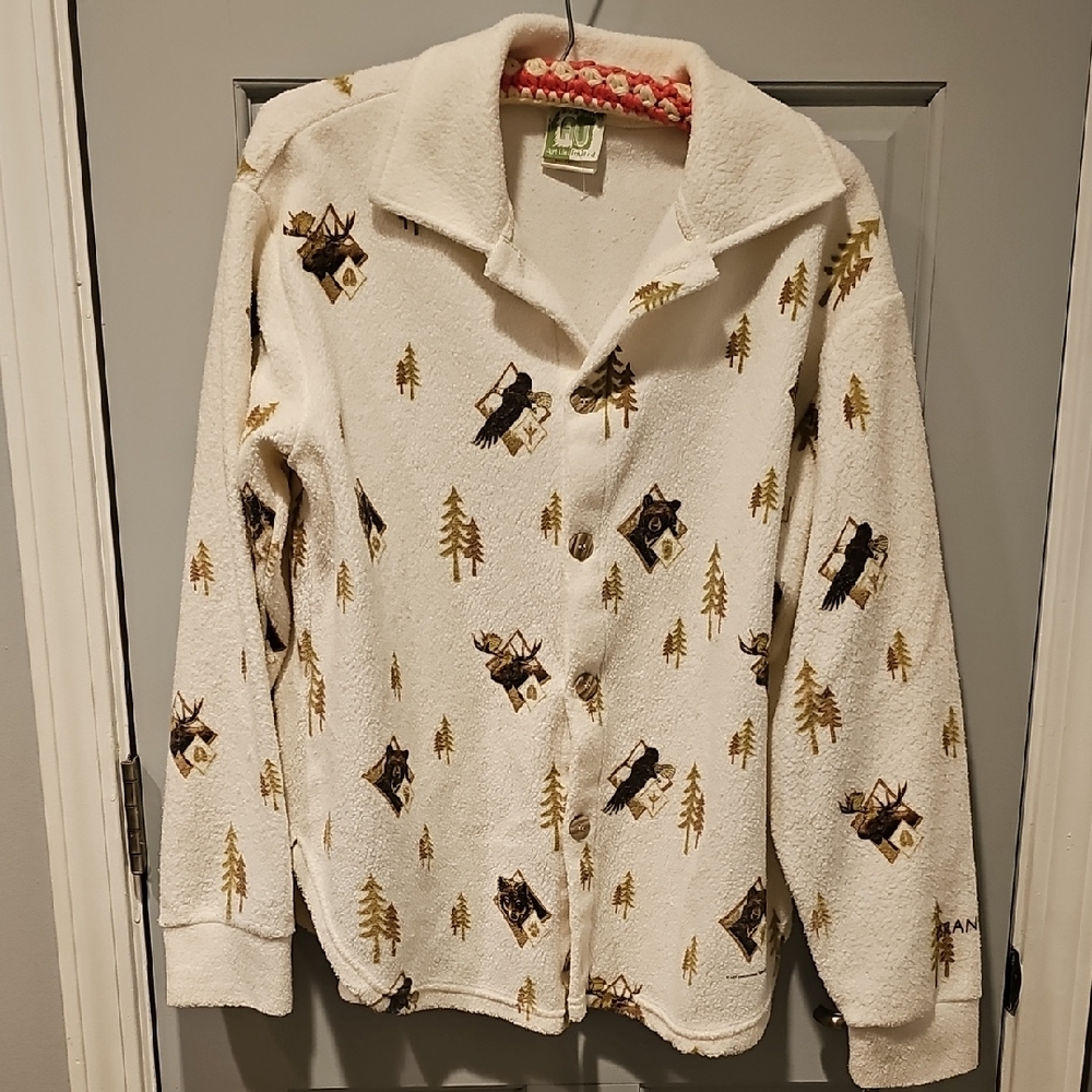 80s Art Unlimited Cream Jacket Lightweight Medium Wilderness Bear Wolf